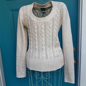 Cable Knit Sweater Beaded Accent Round Scoop Neck